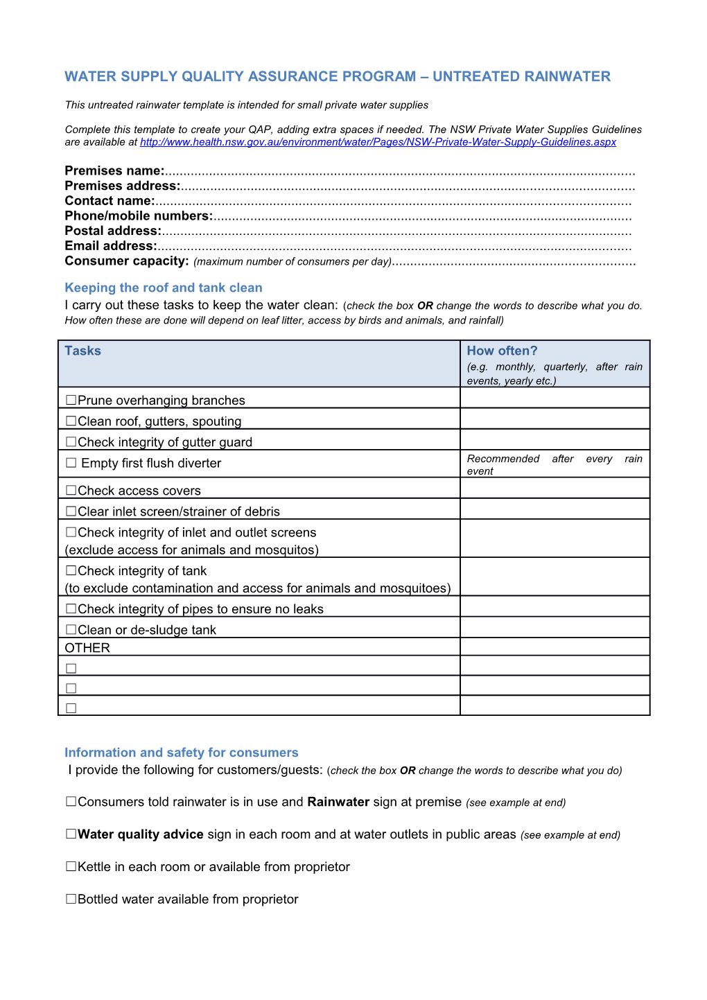 Rainwater Untreated QAP Template