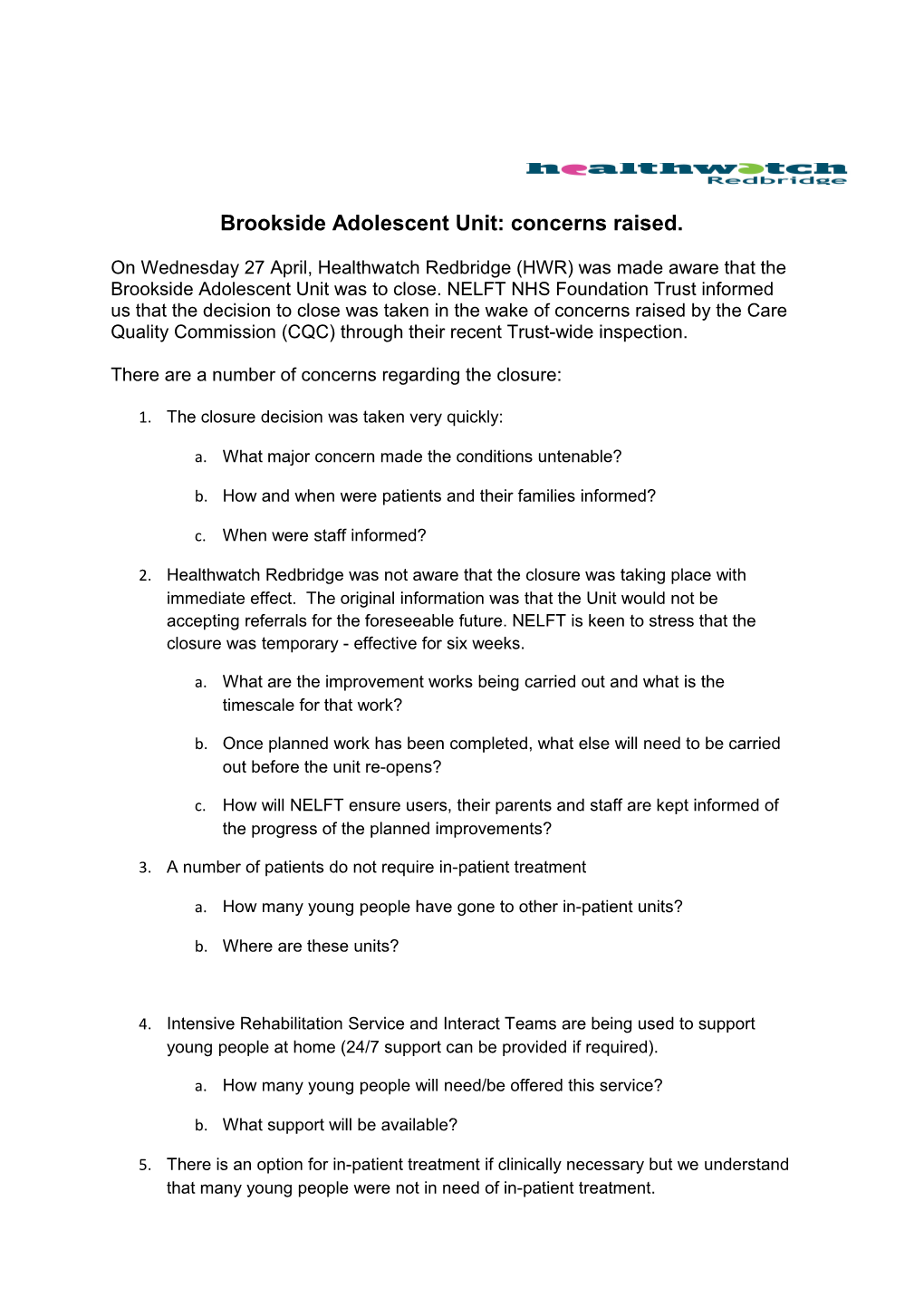 Brookside Adolescent Unit: Concerns Raised