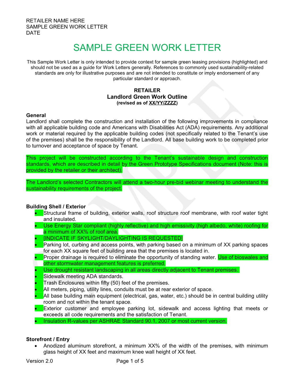 Sample Green Work Letter