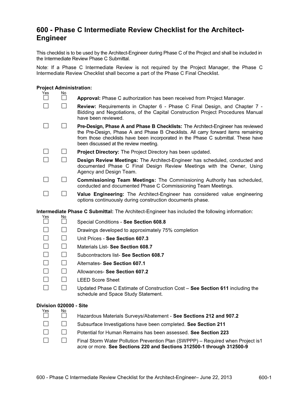 600- Phasec Intermediate Review Checklist for the Architect-Engineer