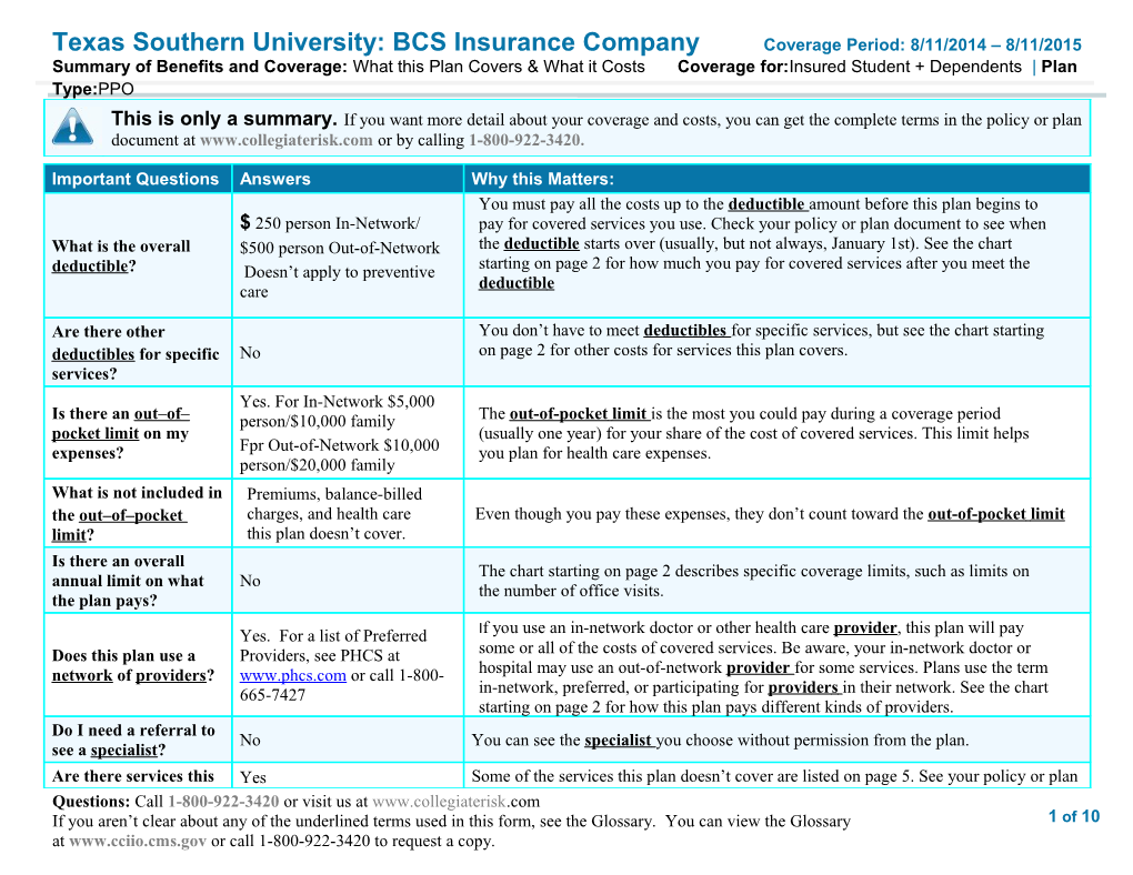 Texas Southern University: BCS Insurance Companycoverage Period: 8/11/2014 8/11/2015