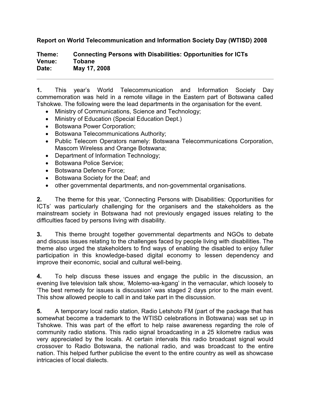 Report on World Telecommunication and Information Society Day (WTISD) 2008