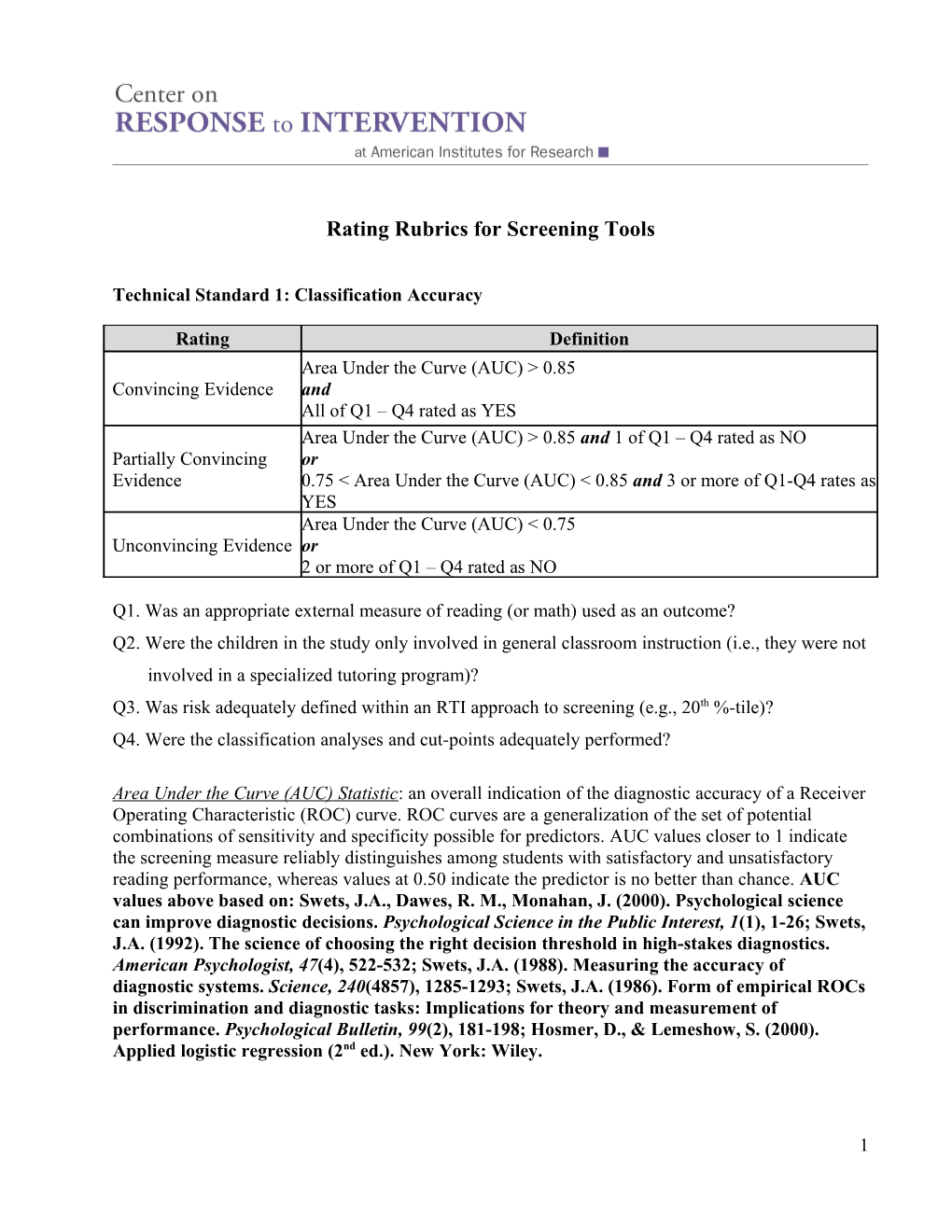 Rating Rubrics for Screening Tools