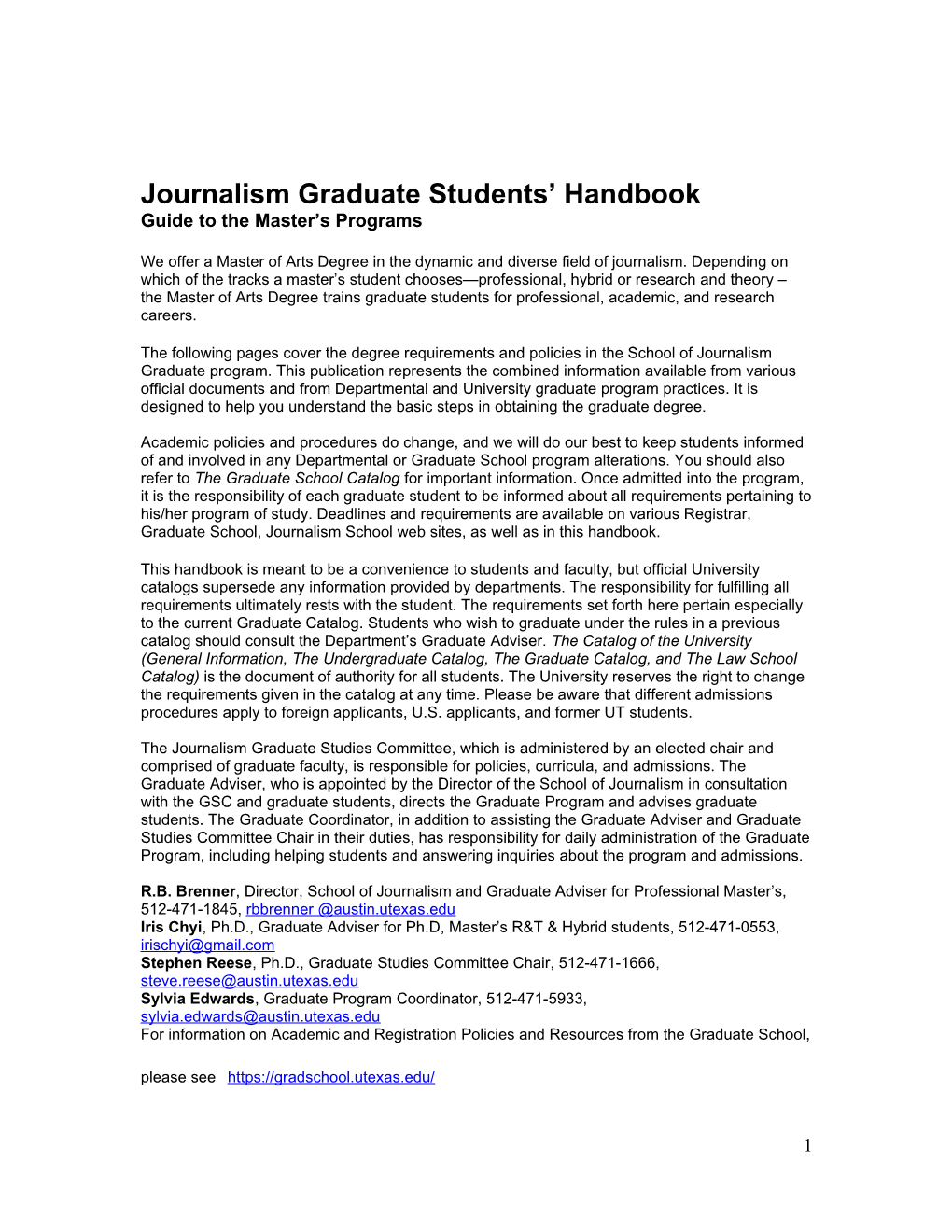 Journalism Graduate Students Handbook