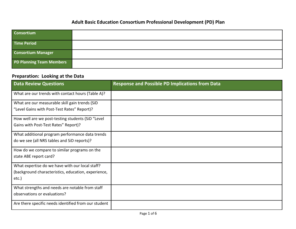 Adult Basic Education Consortium Professional Development (PD) Plan