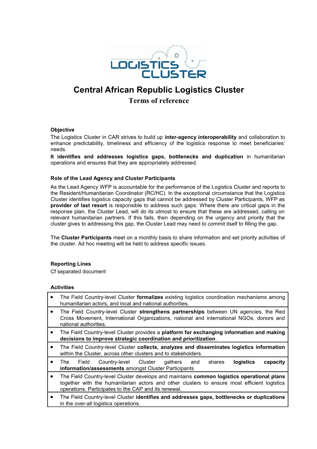 Central African Republiclogistics Cluster
