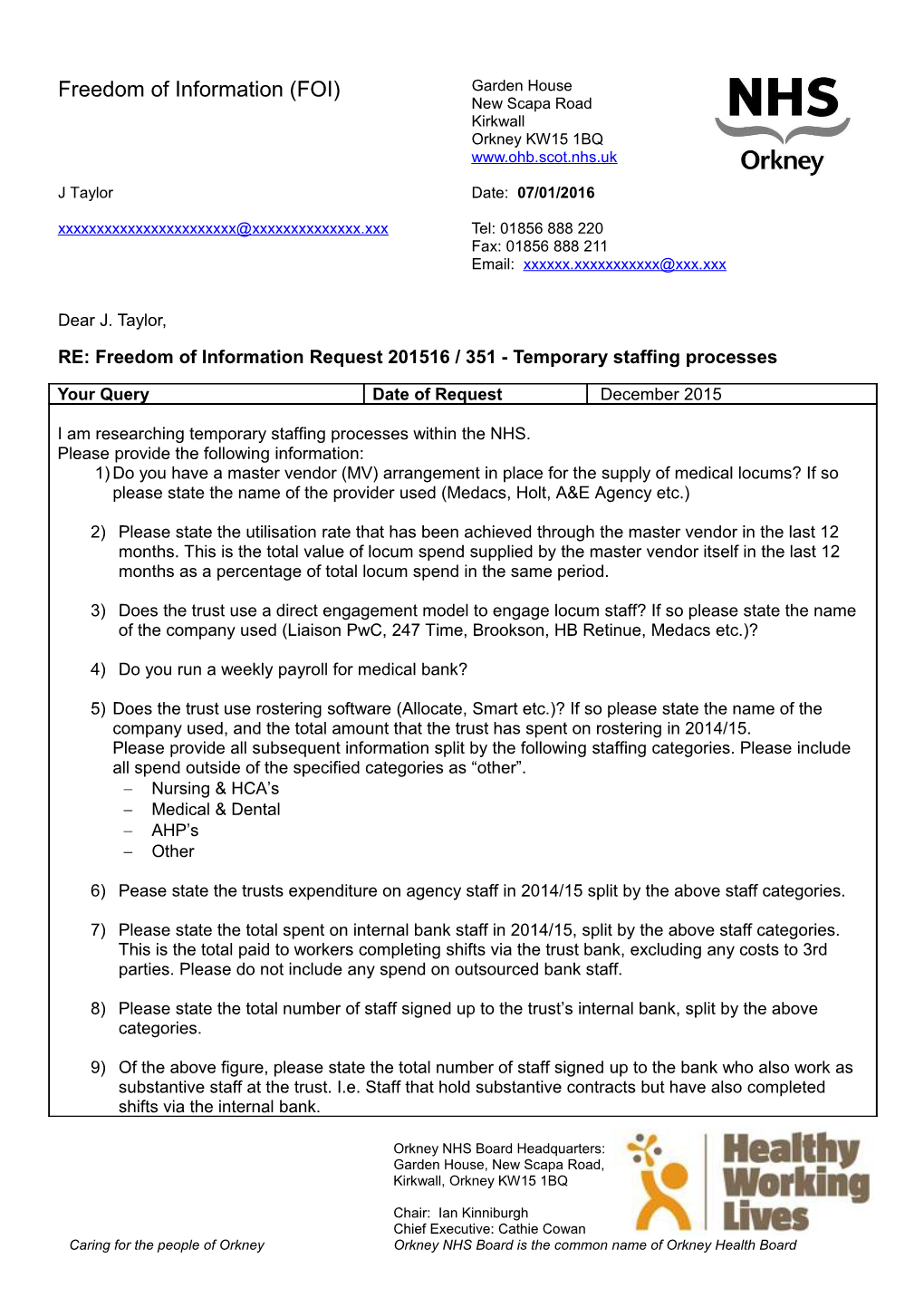 RE: Freedom of Information Request 201516/ 351 - Temporary Staffing Processes