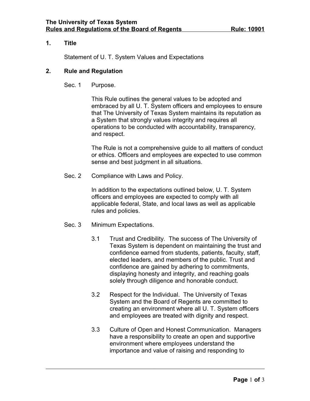 Statement of U. T. System Values and Expectations