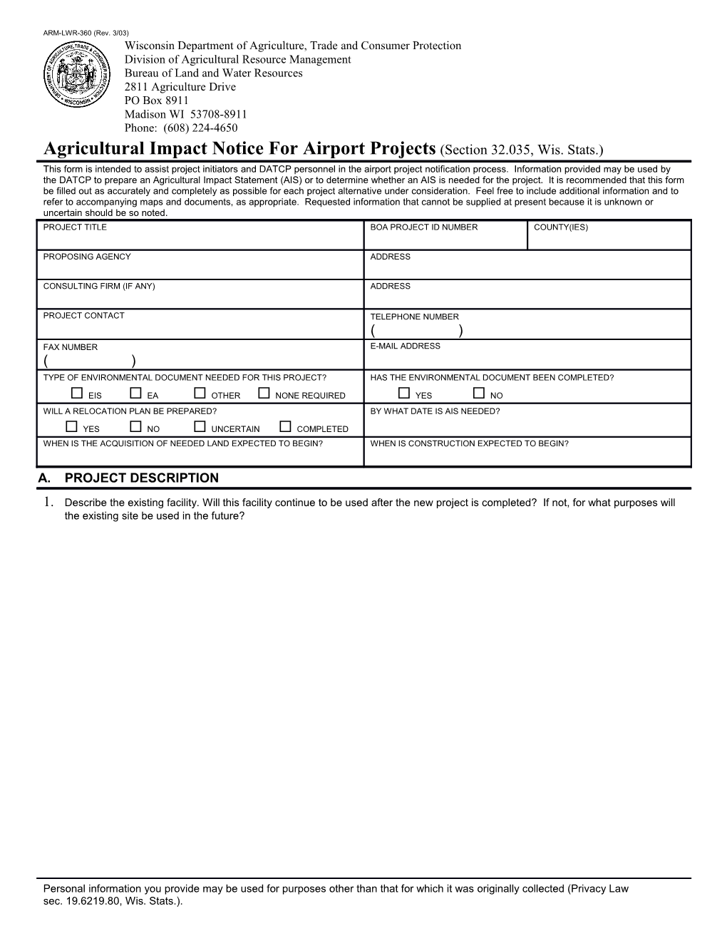 Agricultural Impact Notice for Projects