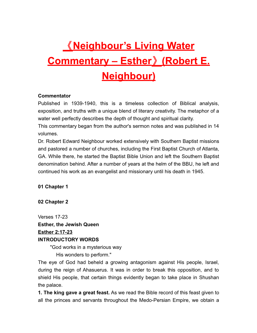 Neighbour S Living Water Commentary Esther (Robert E. Neighbour)