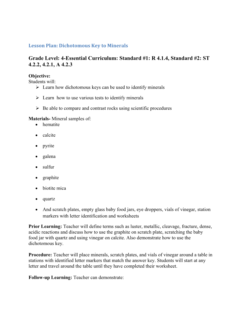 Lesson Plan: Dichotomous Key to Minerals