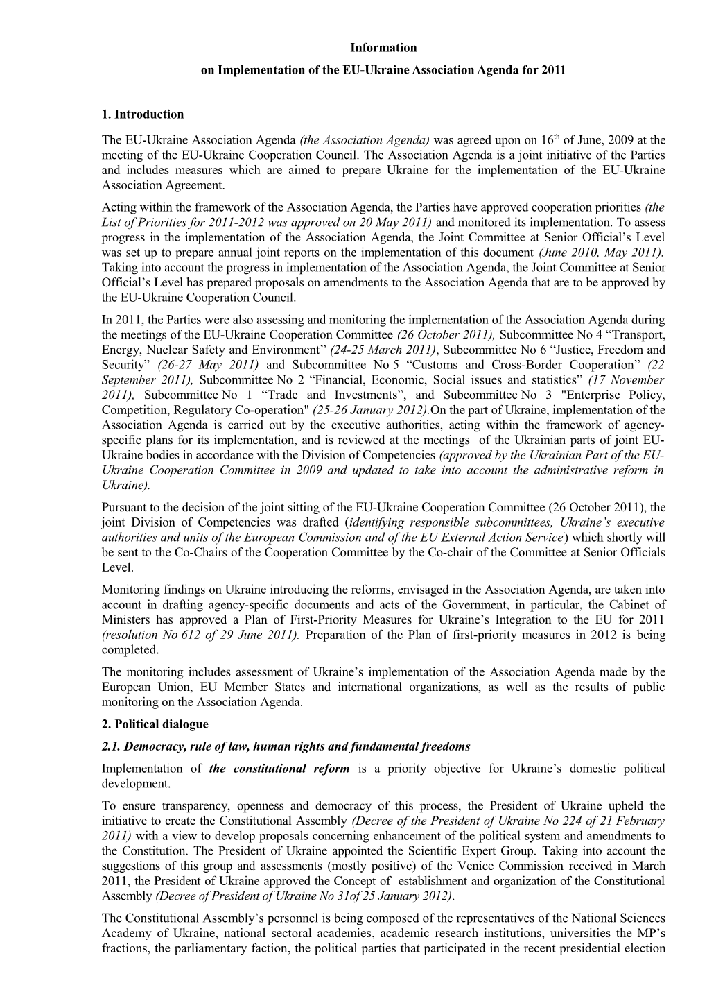 Information on Implementation of the EU-Ukraine Association Agenda