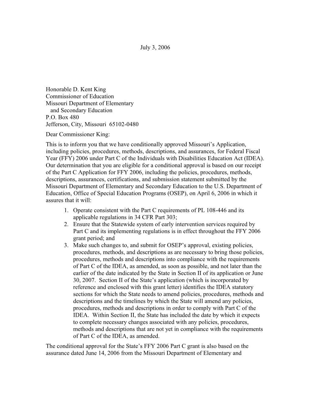 Missouri IDEA 2006 Part C Grant Award Letter (Msword)