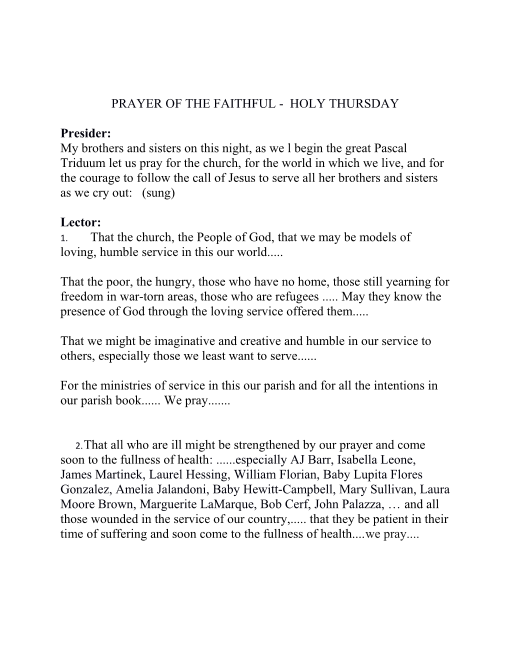 Prayer of the Faithful - Holy Thursday