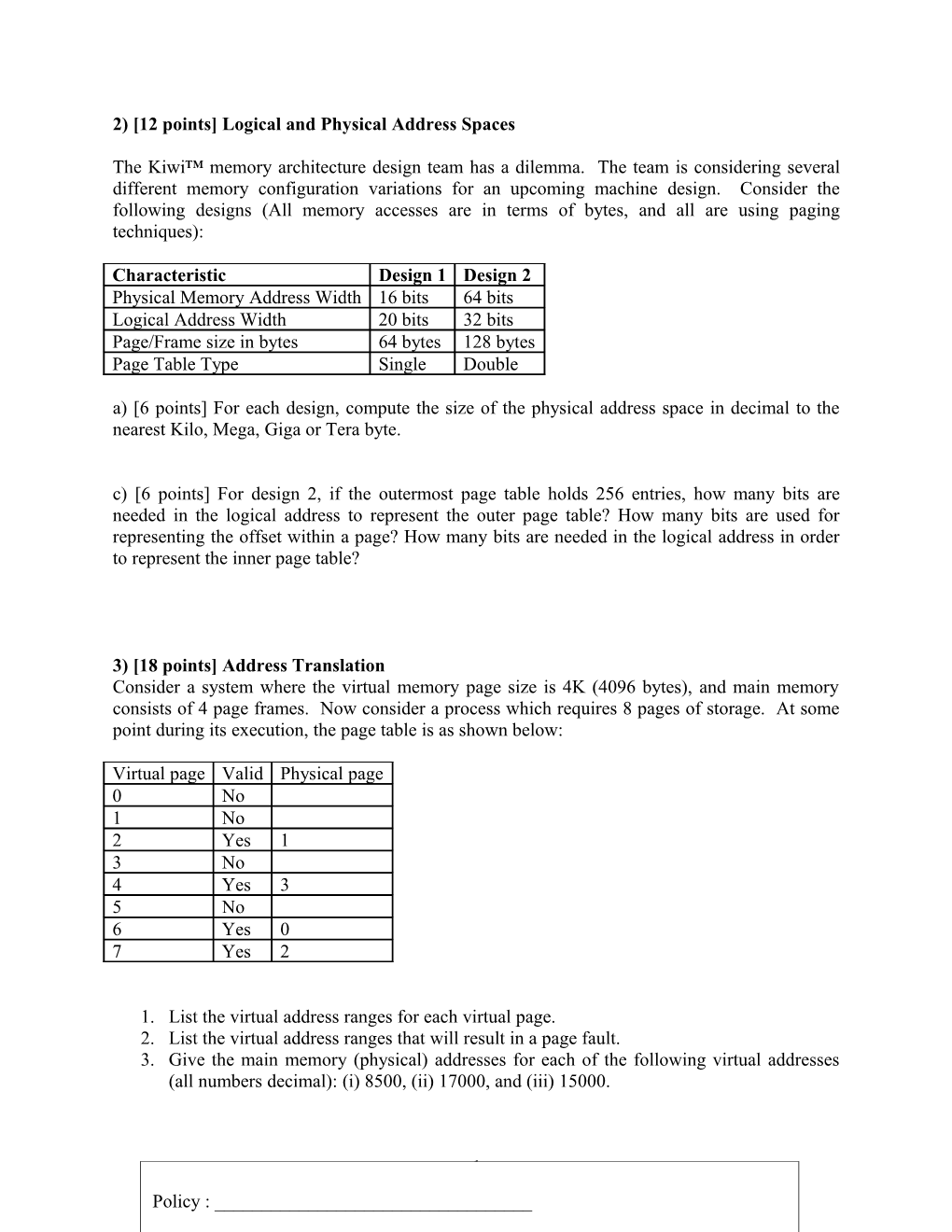 Final Exam Introduction to Operating Systems (Cse421) Ab