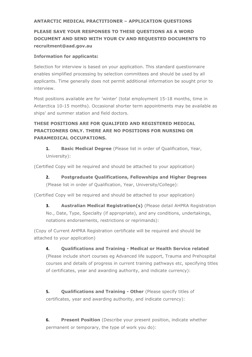 Antarctic Medical Practitioner Application Questions