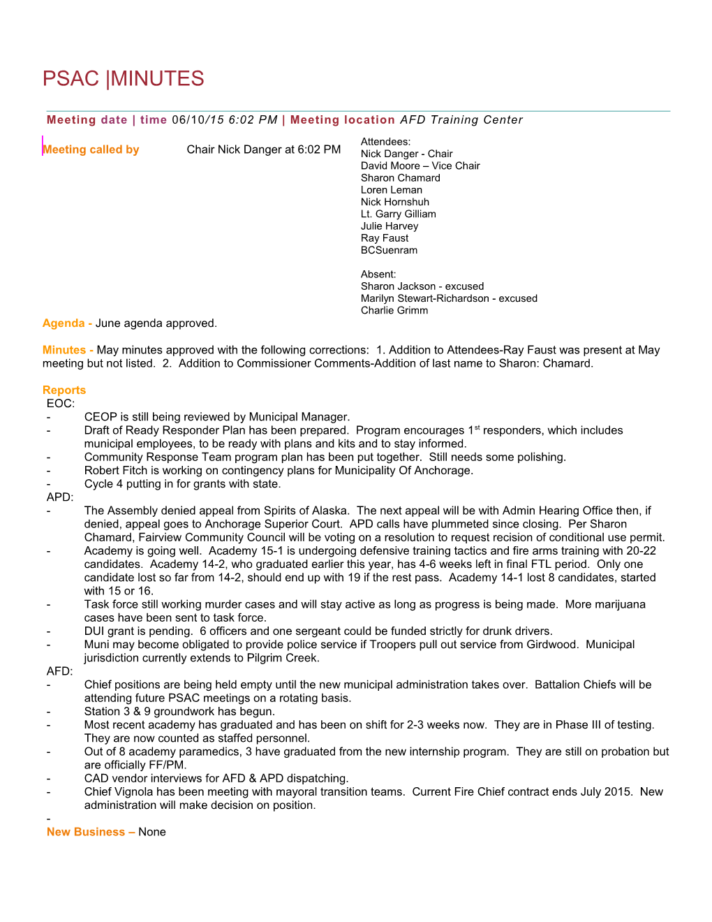 Meeting Date Time 06/10/156:02 PM Meeting Location AFD Training Center