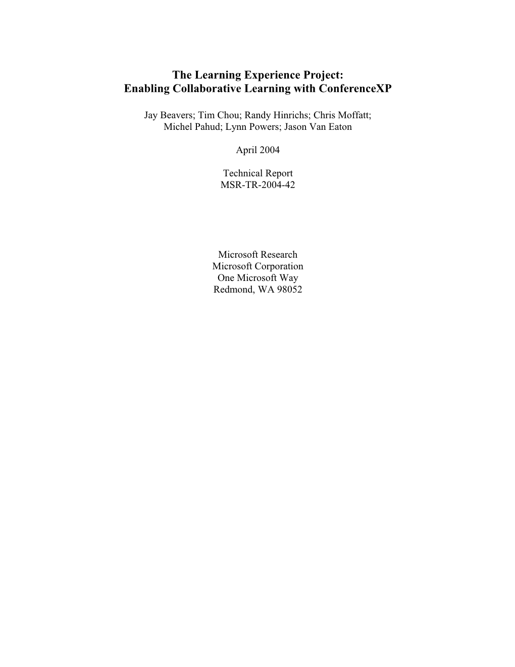 The Learning Experience Project: Enabling Collaborative Learning with Conferencexp