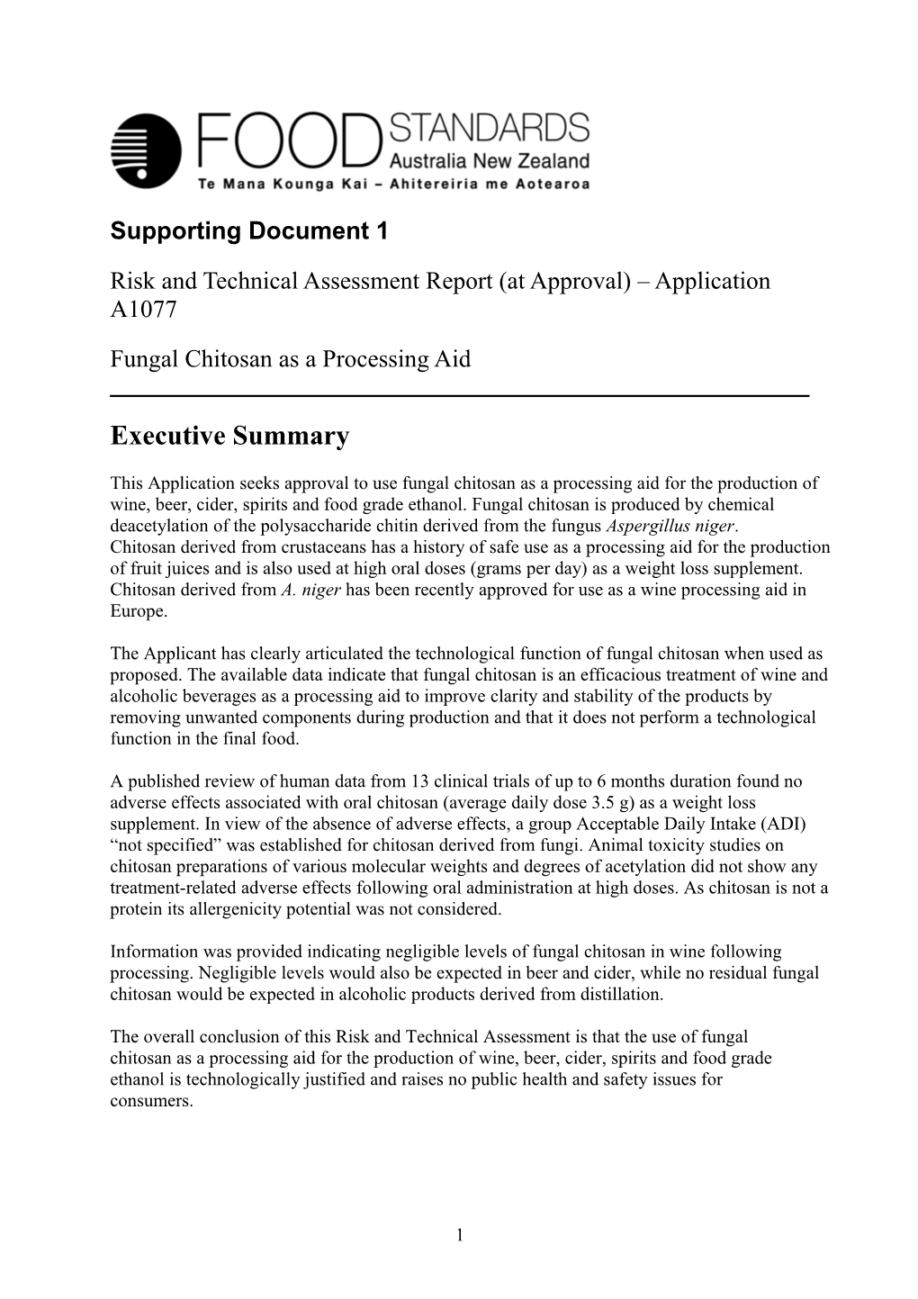 Risk and Technical Assessment Report(At Approval) Application A1077