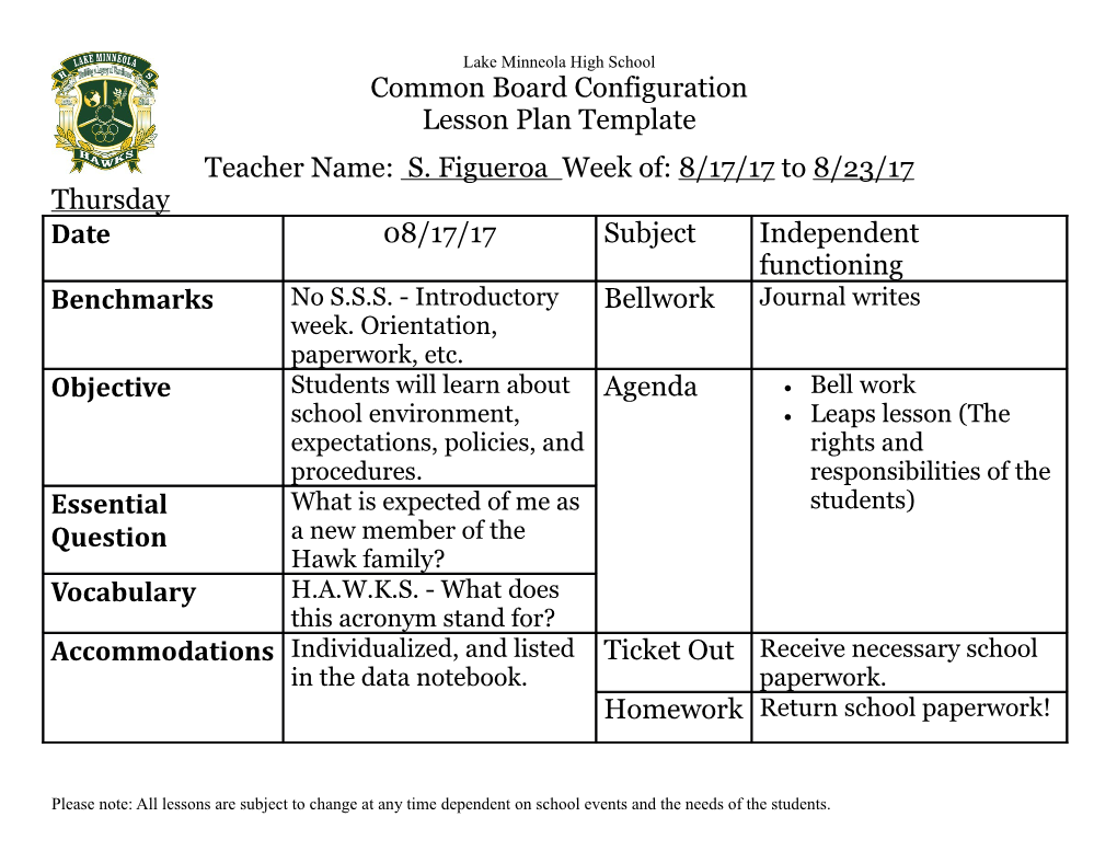 Teacher Name: S. Figueroa Week Of: 8/17/17 to 8/23/17