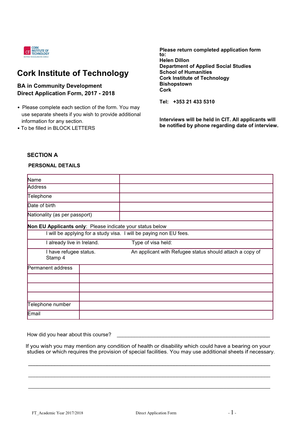 FT Academic Year 2017/2018 Direct Application Form - 1