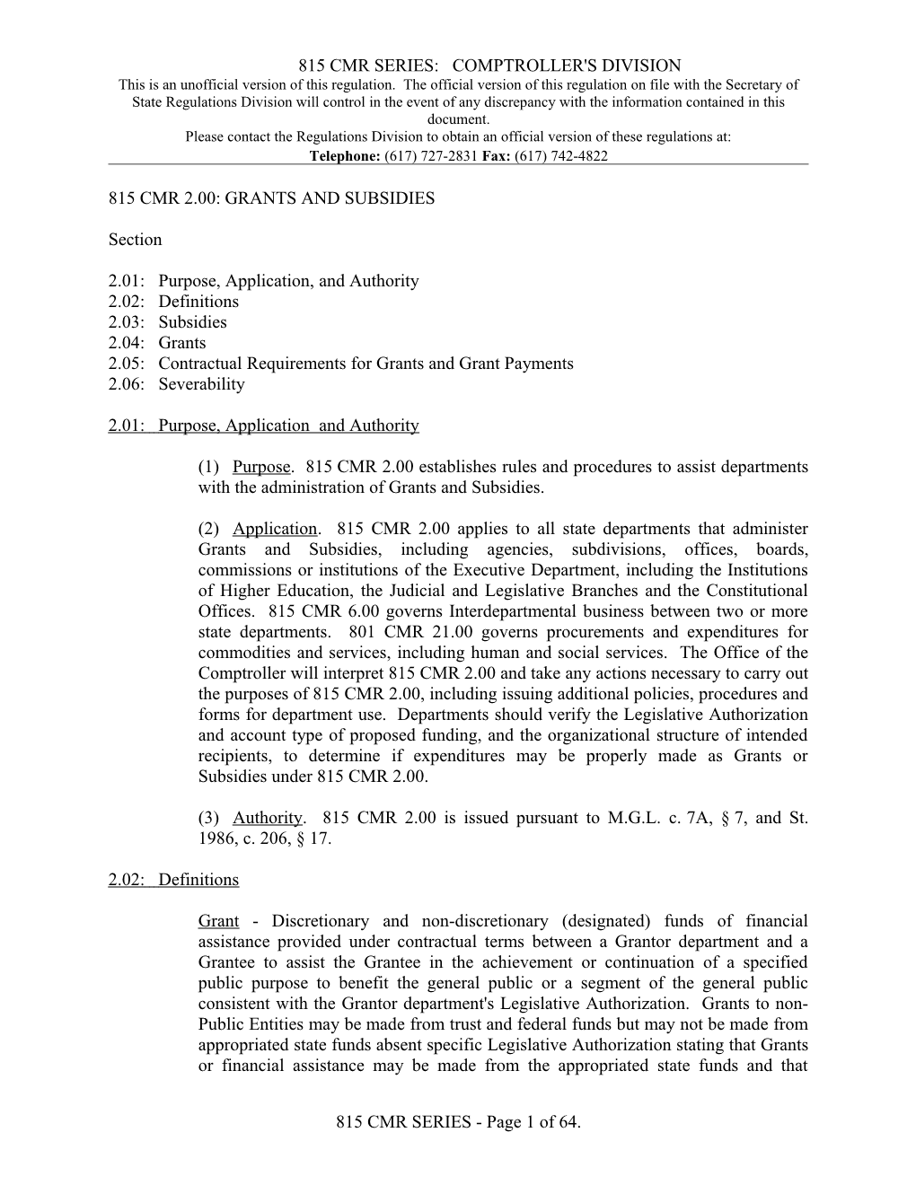 815 Cmr Series: Comptroller's Division