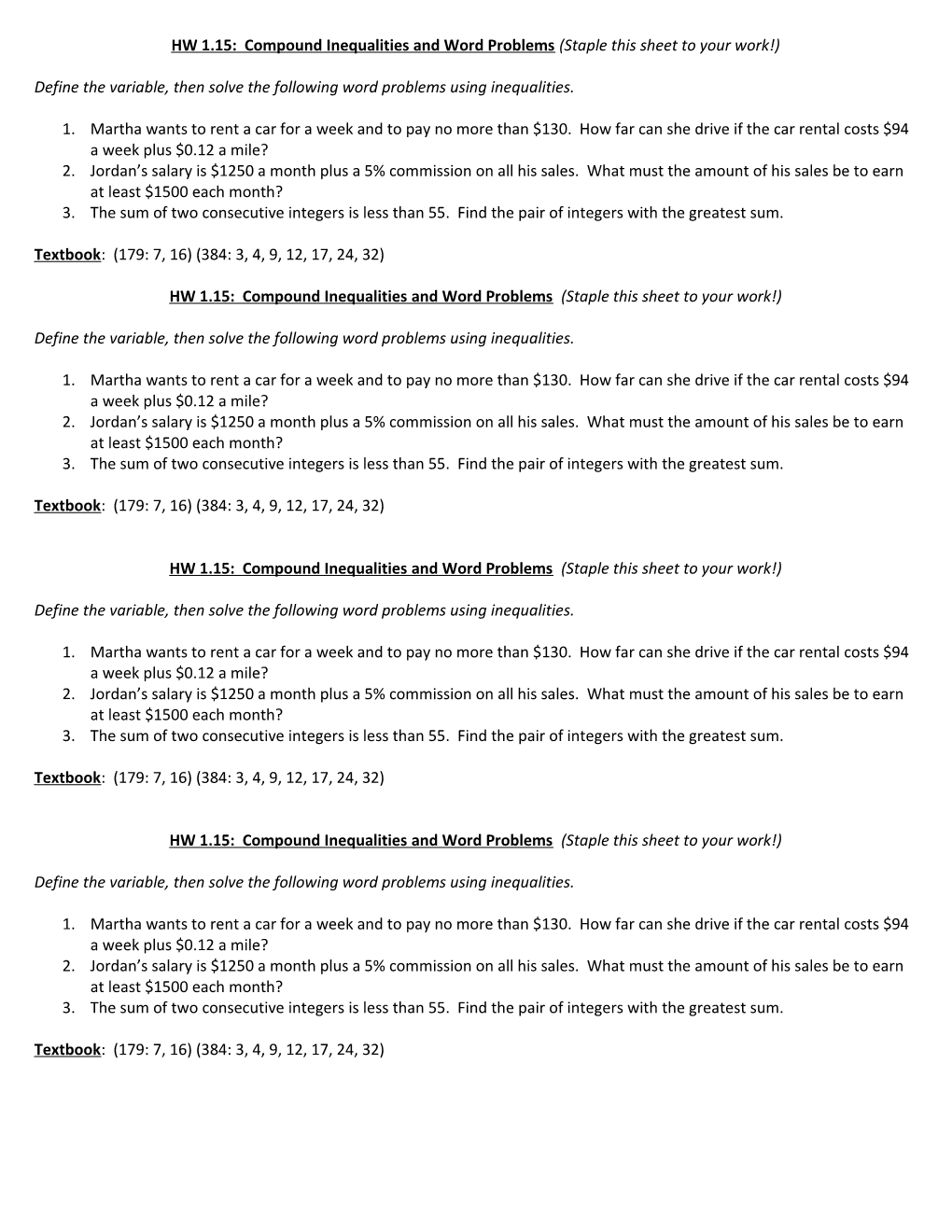 HW 1.15: Compound Inequalities and Word Problems (Staple This Sheet to Your Work!)