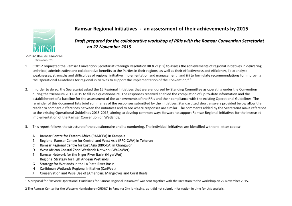 Draft Prepared for the Collaborative Workshop of Rris with the Ramsar Convention Secretariat