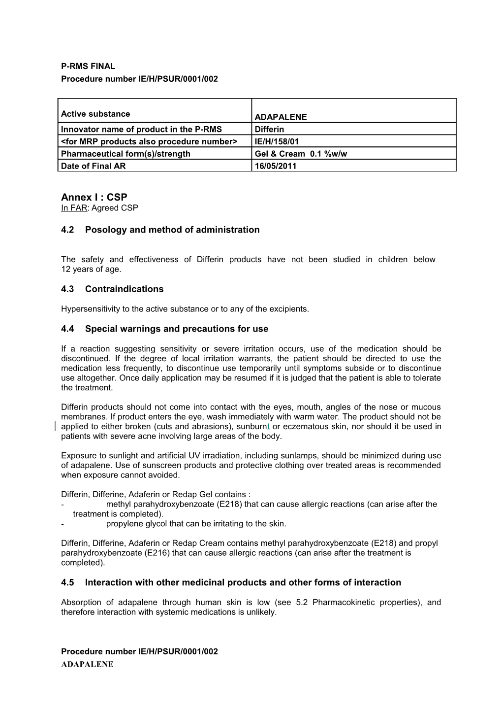 Procedure Number IE/H/PSUR/0001/002