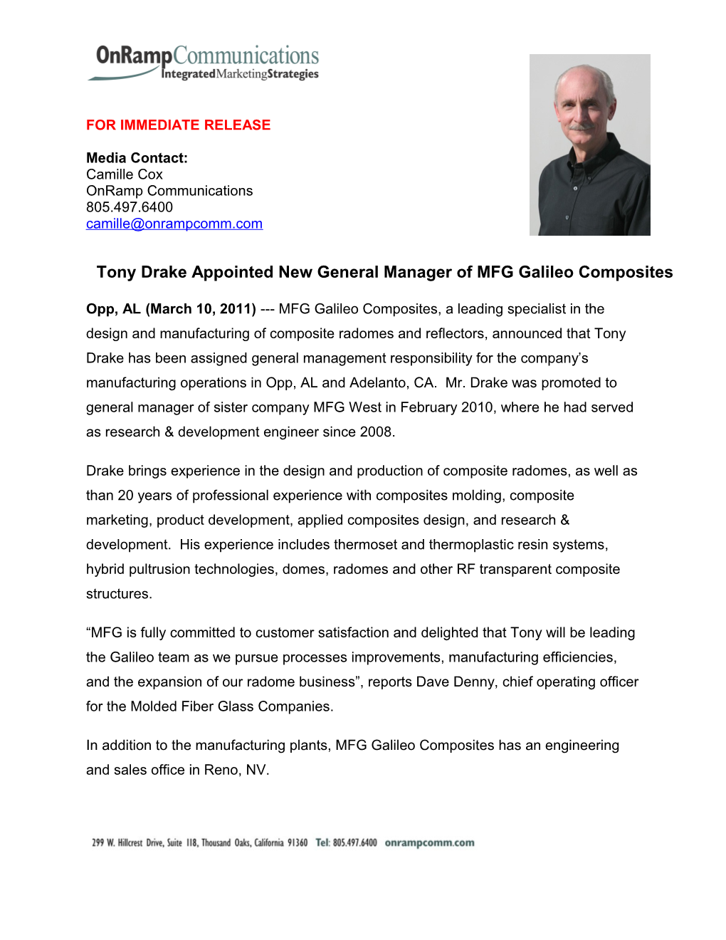 MFG Galileo Composites Appoints Tony Drake to General Manager