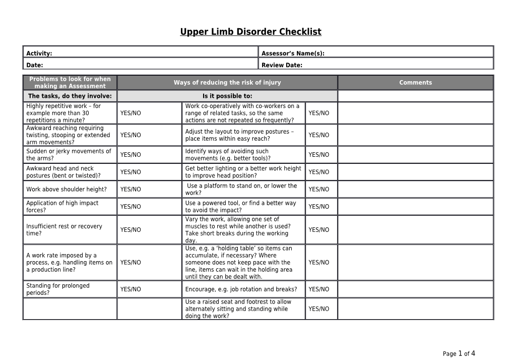 Upper Limb Disorder Checklist