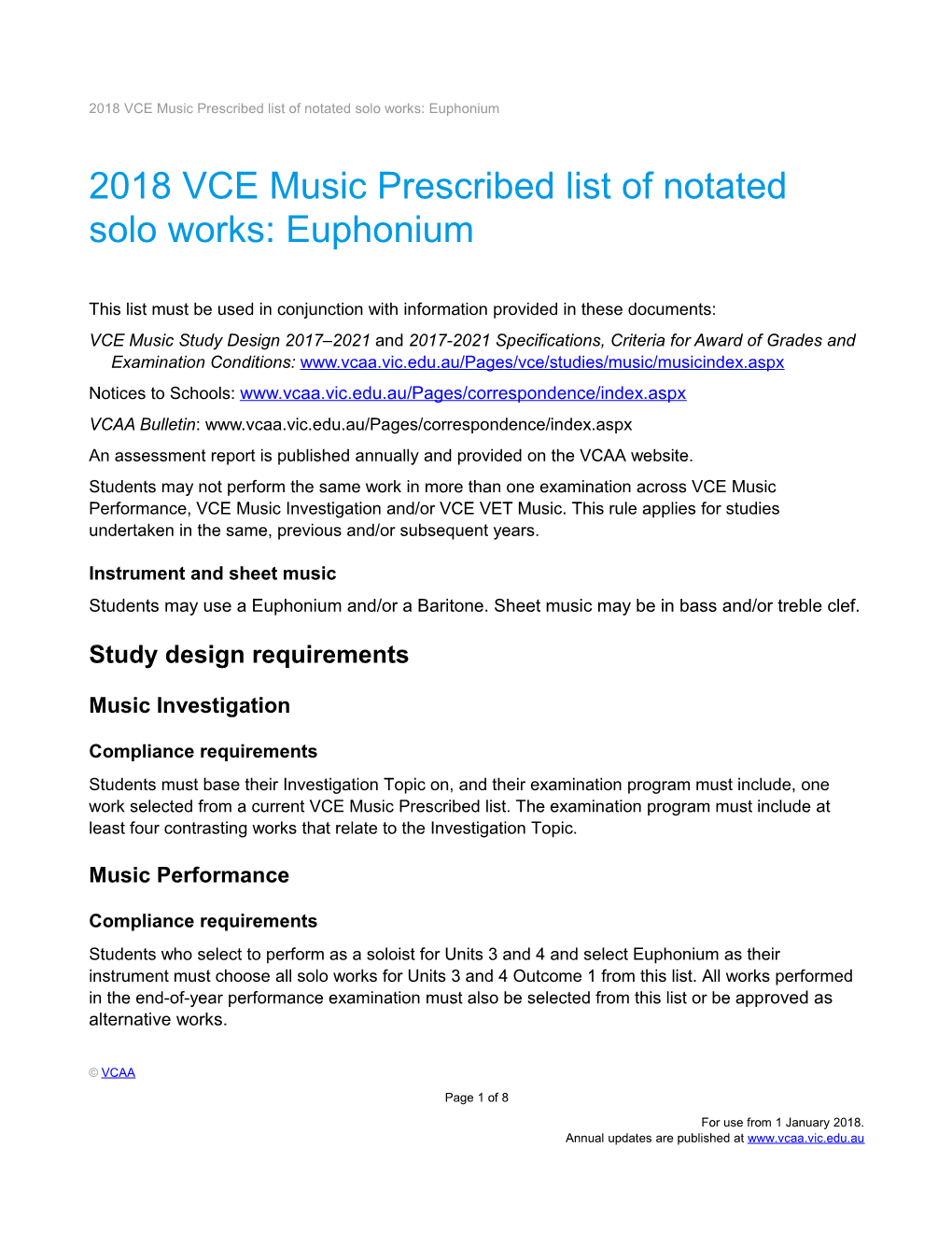 2018 VCE Music Prescribed List of Notated Solo Works: Euphonium