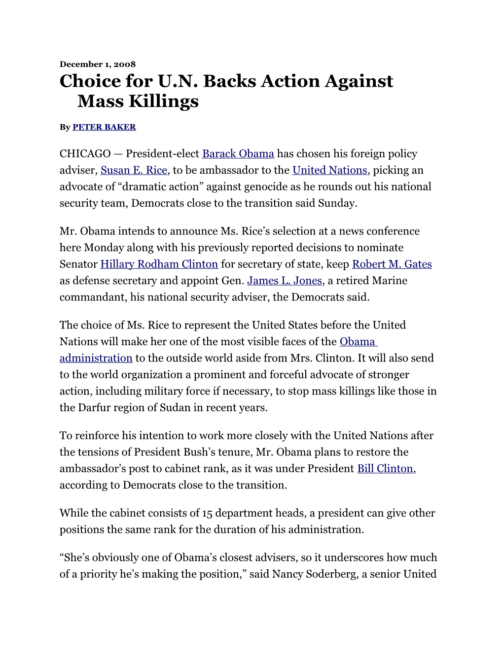 Choice for U.N. Backs Action Against Mass Killings