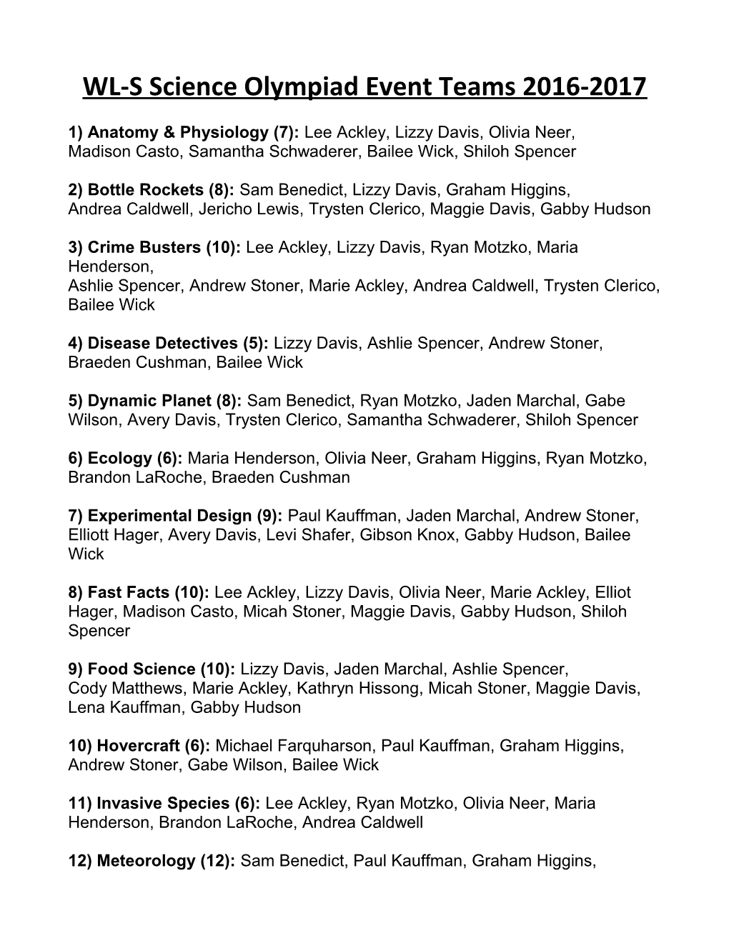 WL-S Science Olympiad Event Teams 2016-2017