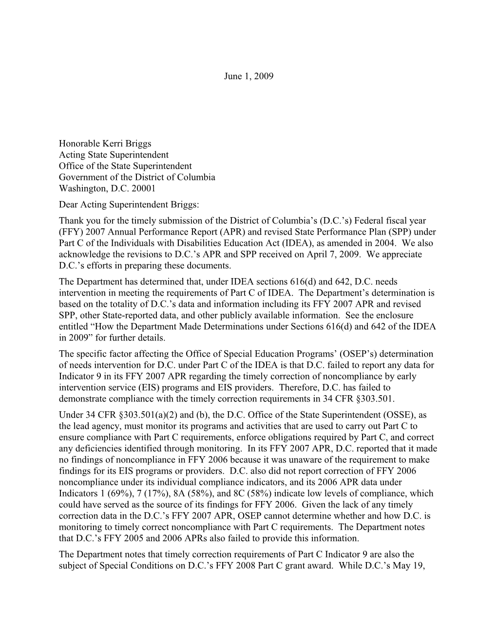 IDEA 2009 Part C District of Columbia Annual Performance Report OSEP Response (MS WORD)