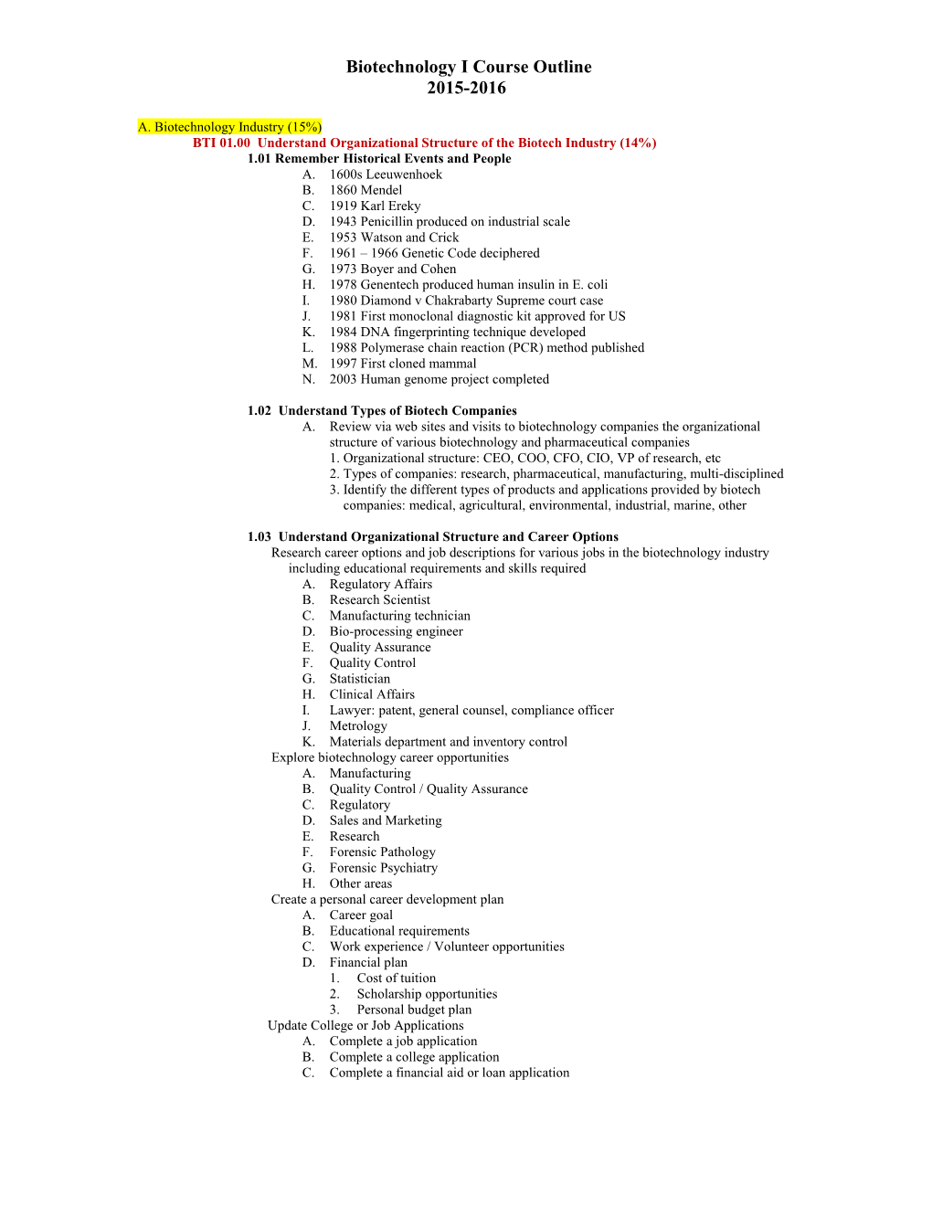 New Biotechnology I Course Outline