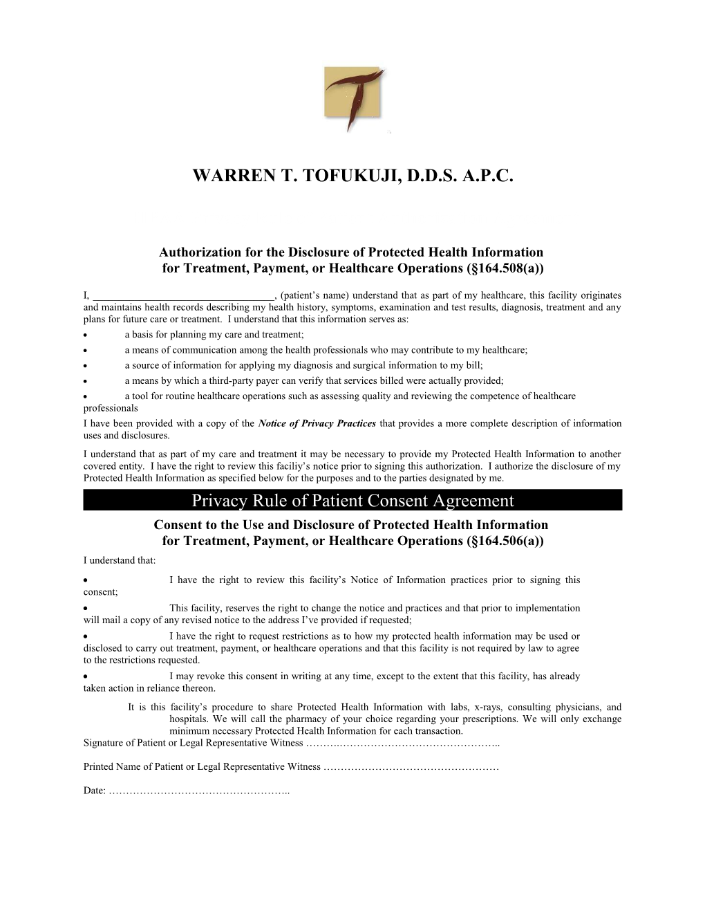 HIPAA Privacy Rule of Patient Authorization Agreement