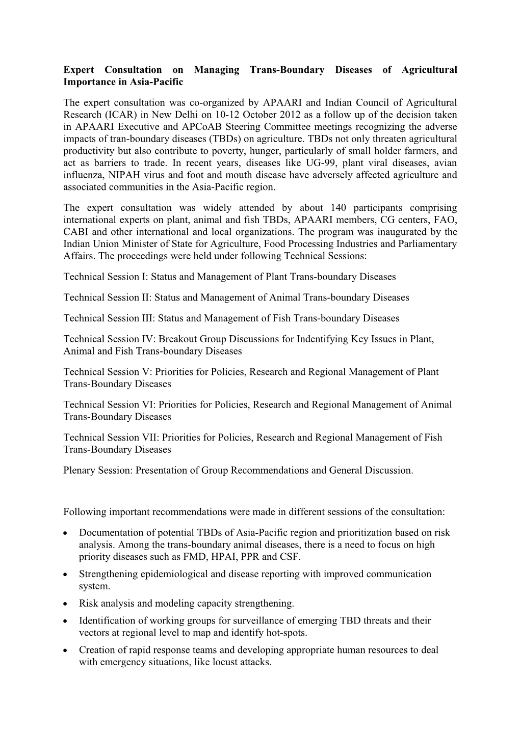 Expert Consultation on Managing Trans-Boundary Diseases of Agricultural Importance In