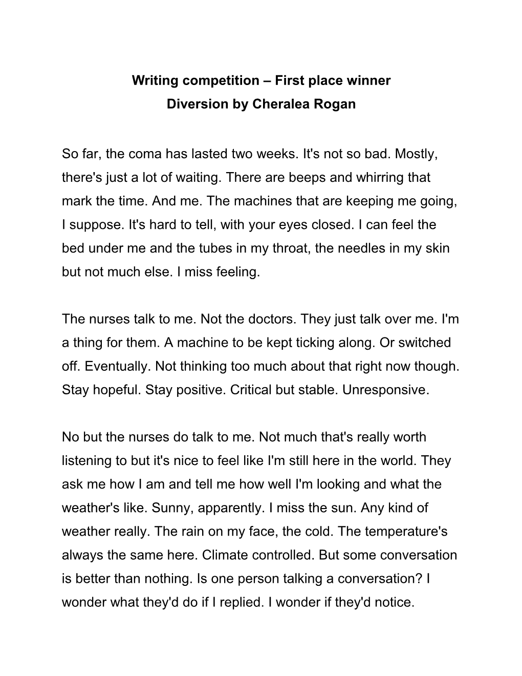 Writing Competition First Place Winner Diversion by Cheralea Rogan