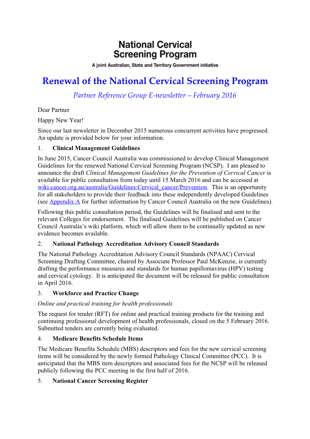 E-Newsletter - Renewal of the National Cervical Screening Program