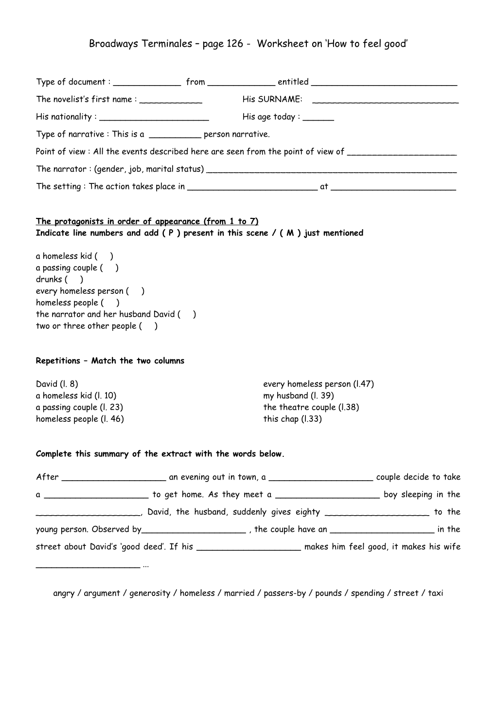 Broadways Terminales Page 126 - Worksheet on How to Feel Good