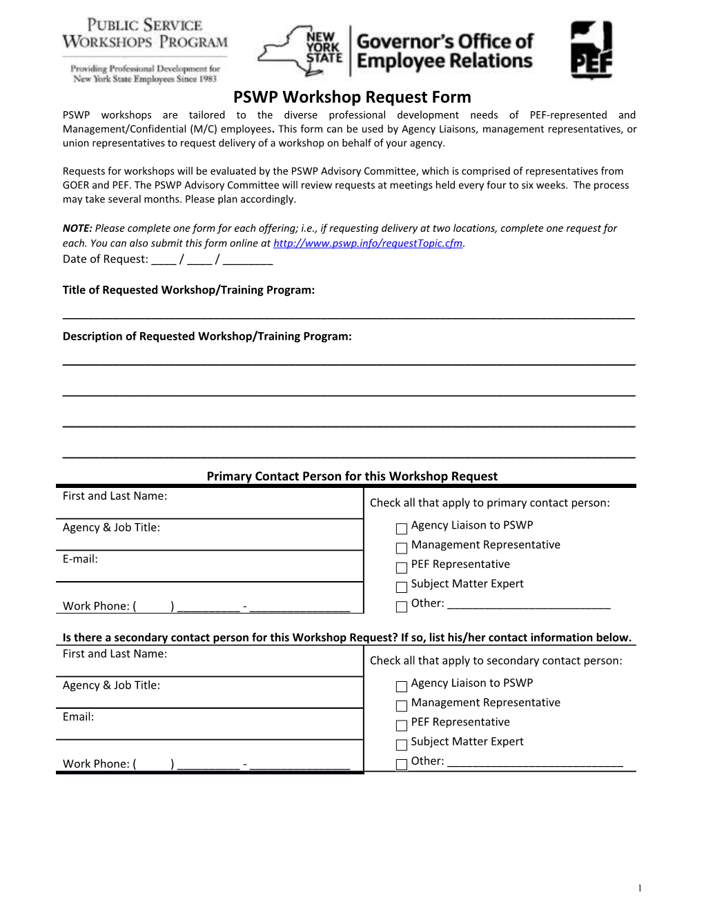 PSWP Workshop Request Form