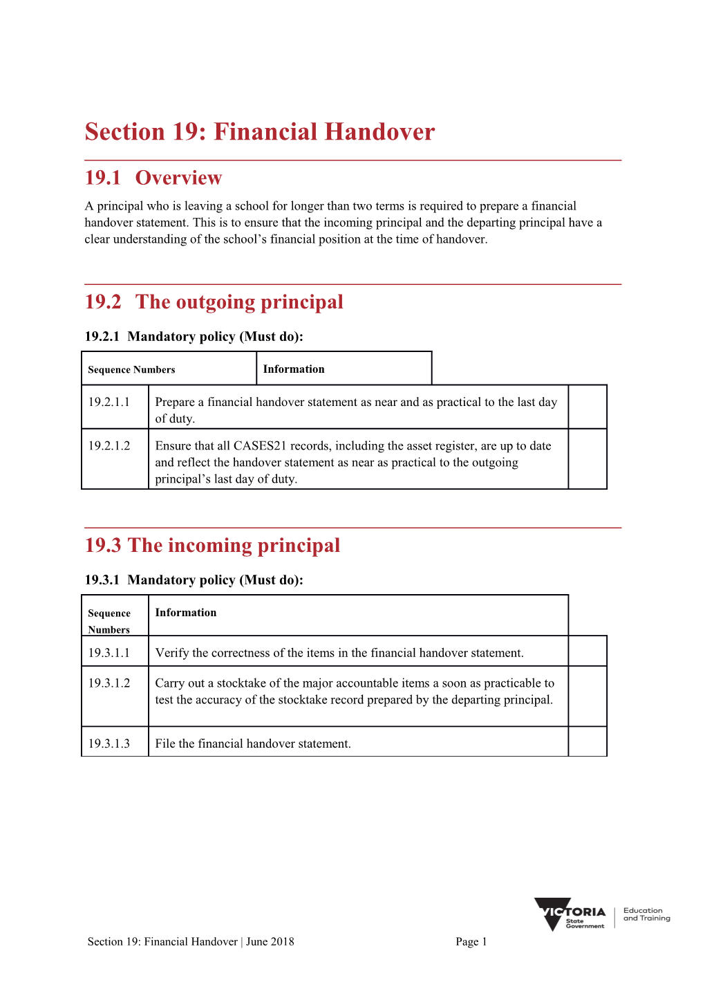 Section 19: Financial Handover