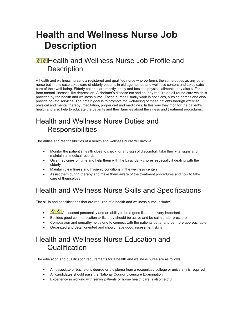 Health and Wellness Nurse Job Description