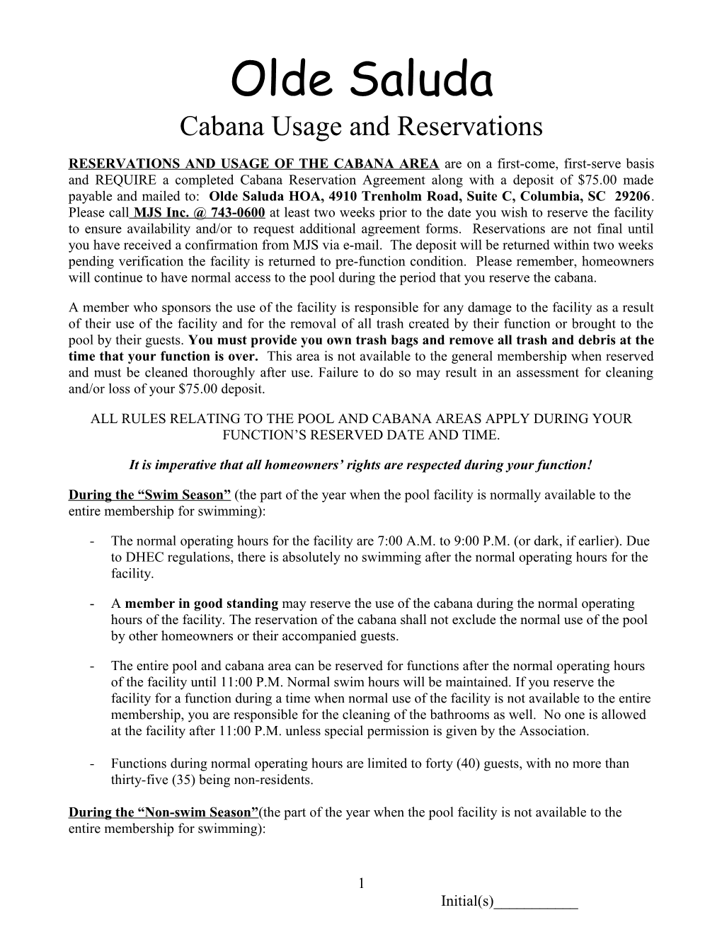 Cabana Usage and Reservations