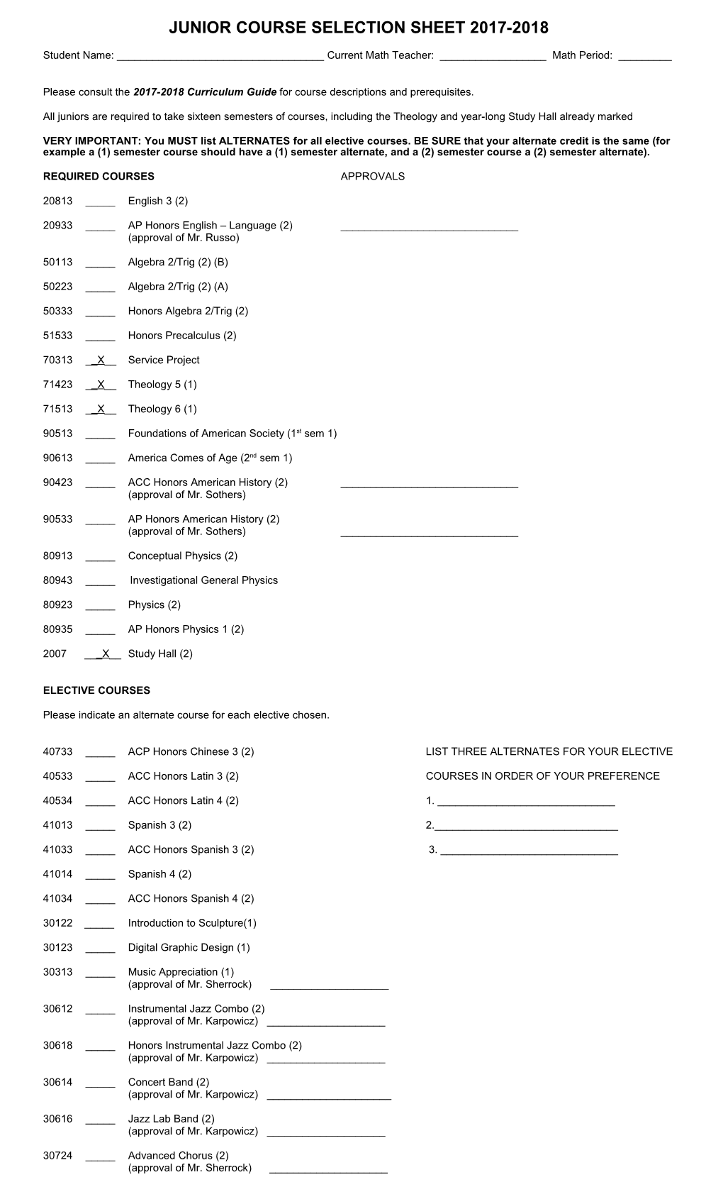 Junior Course Selection Sheet 2017-2018