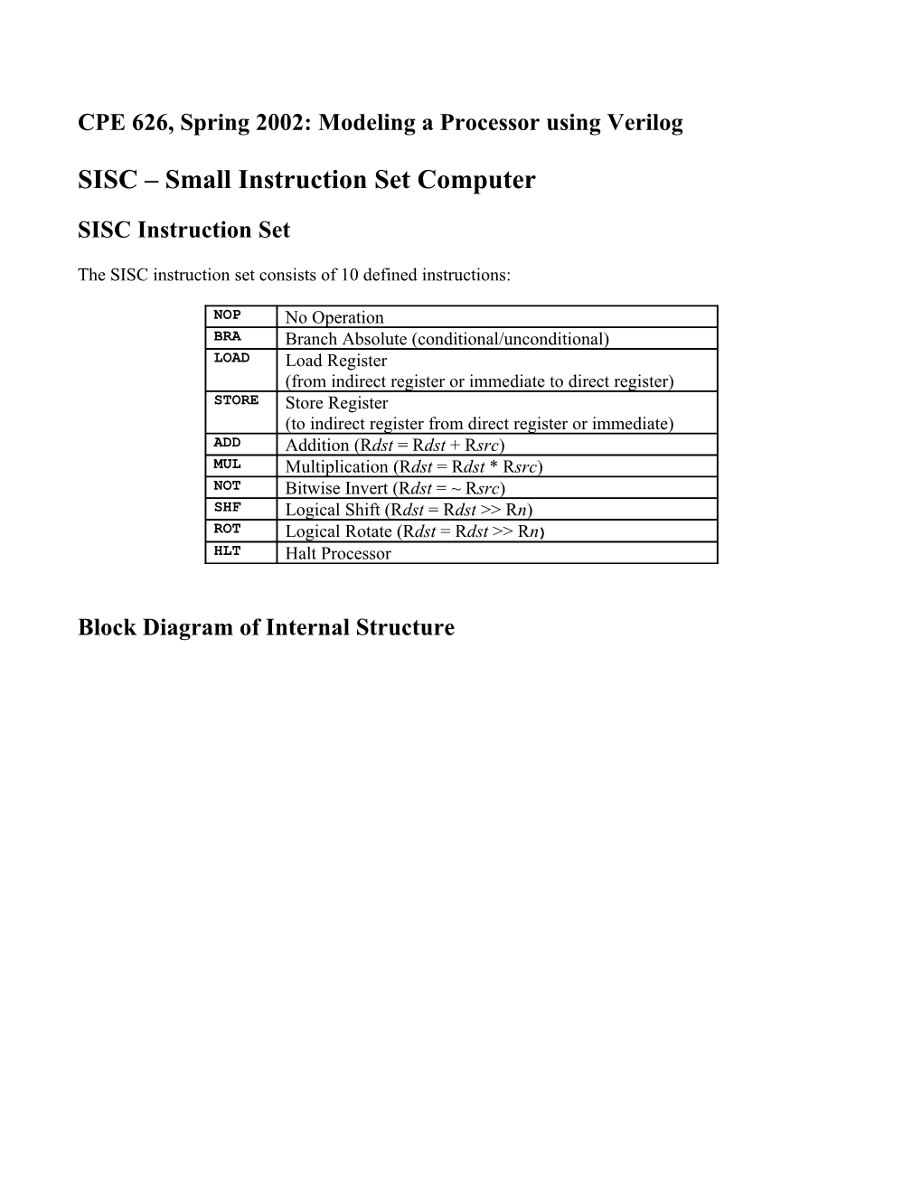 CPE 626, Spring 2002: Modeling a Processor Using Verilog