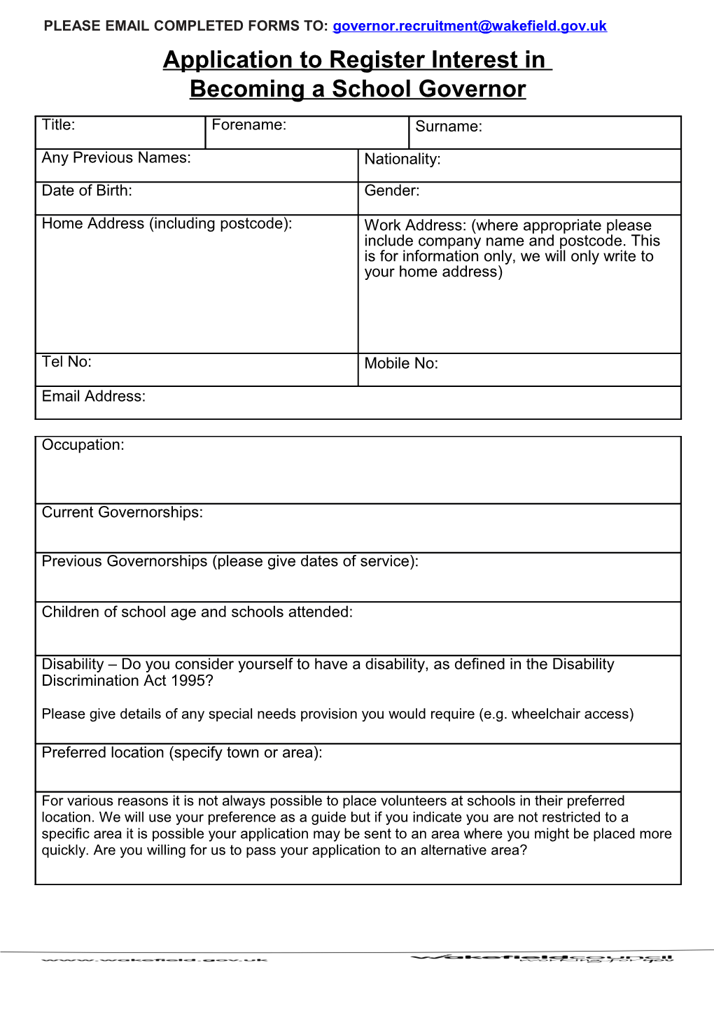 Wakefield Governors - Application Form