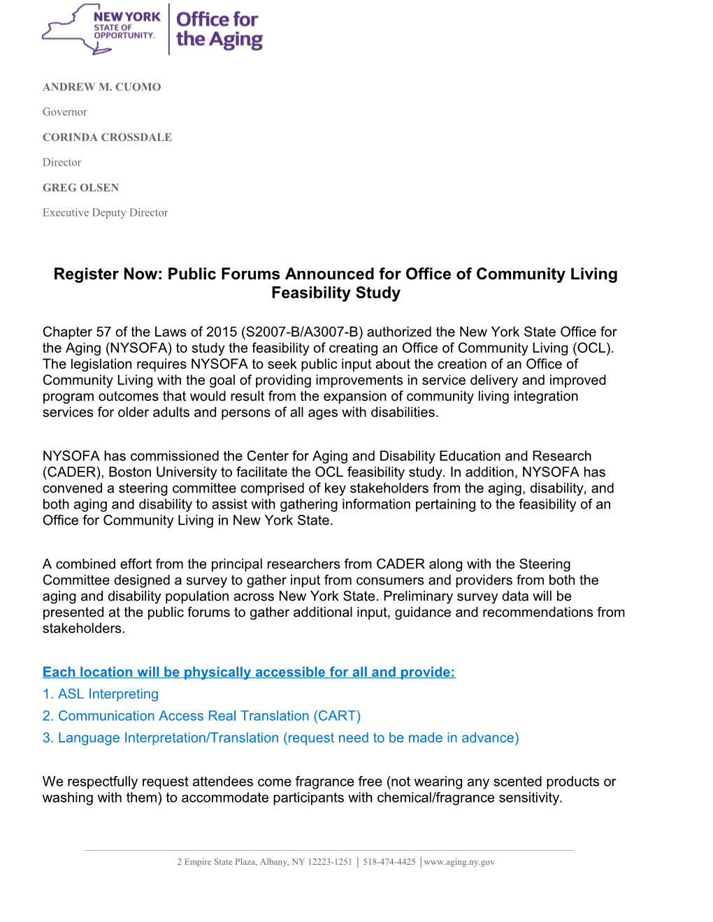 Register Now: Public Forums Announced for Office of Community Living Feasibility Study