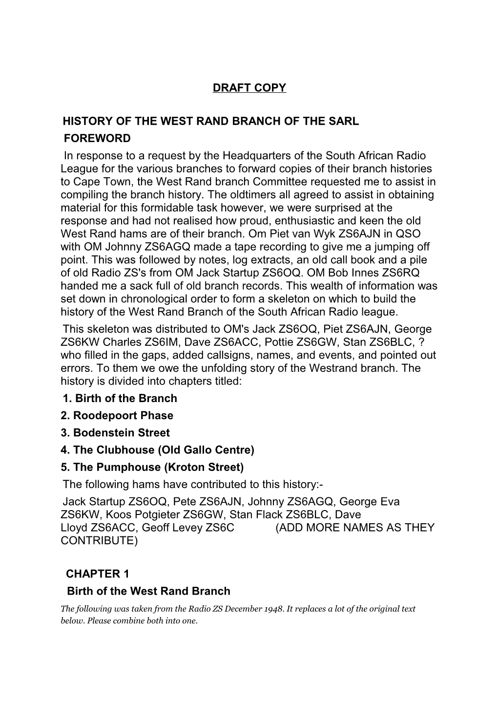 History of the West Rand Branch of the Sarl